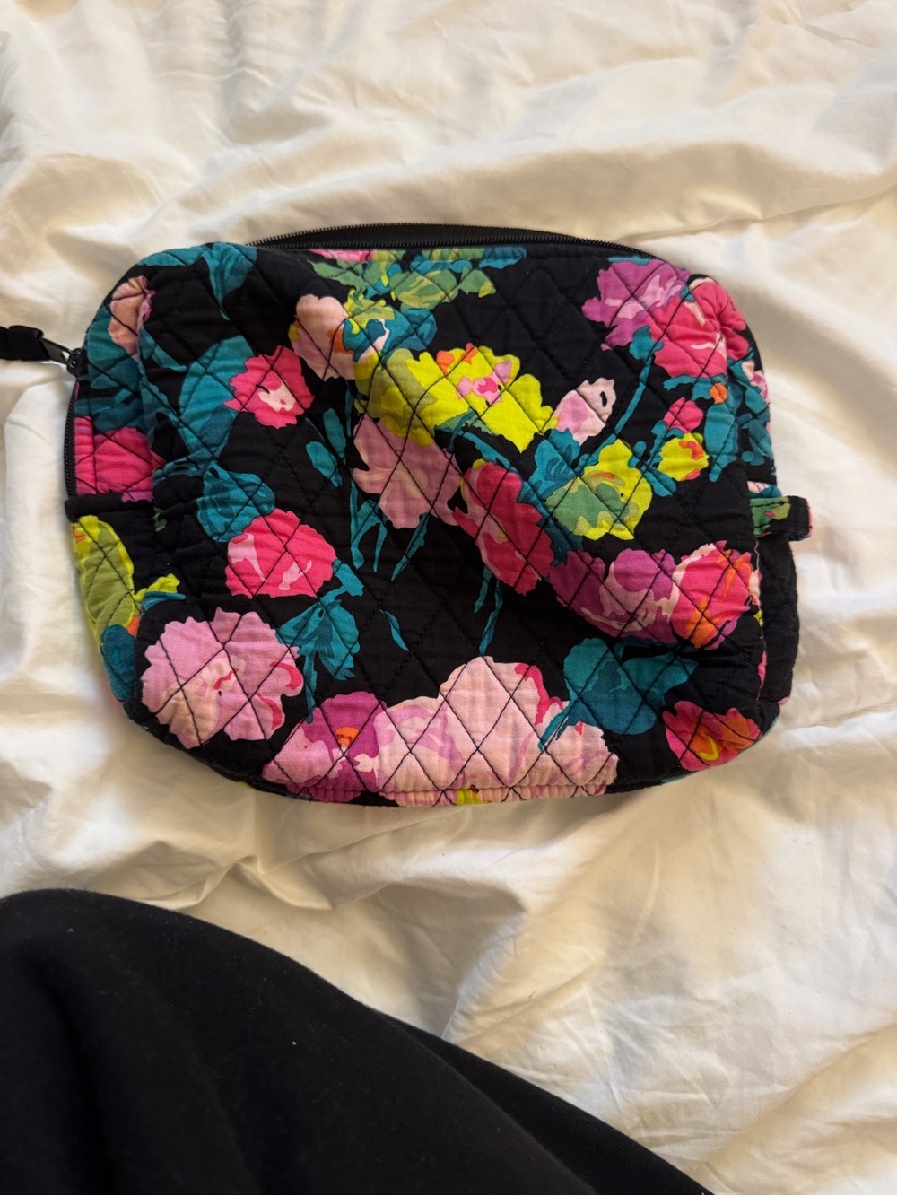 Vera Bradley Black Quilted Floral Cosmetic Pouch - Pink Teal Yellow